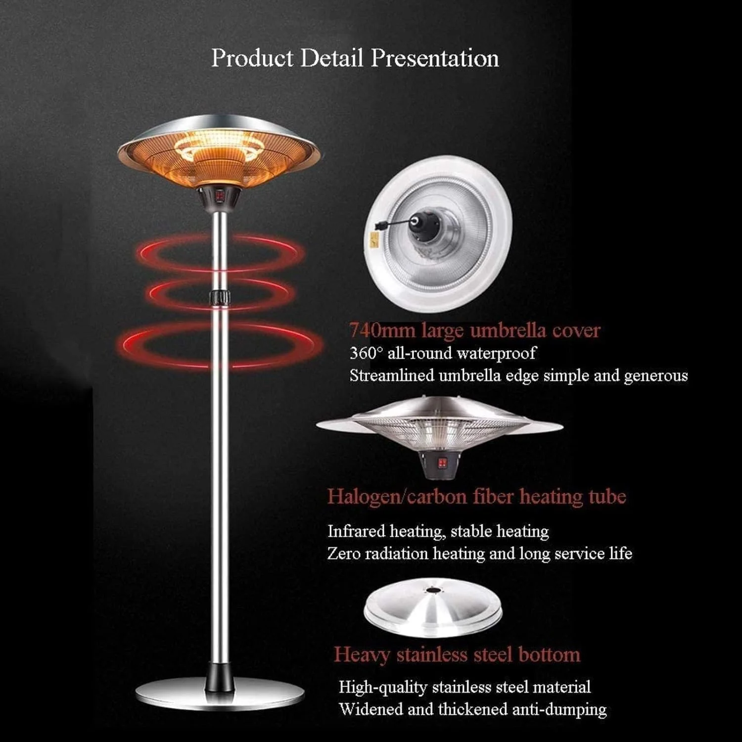 بخاری برقی ایستاده فضای باز، مناسب باغ و پاسیو، دارای تنظیمات حرارت، محافظت در برابر گرمای بیش از حد و واژگونی، ارتفاع قابل تنظیم، ضد آب و مقاوم در برابر باران، بخاری پاسیو برای آسایش در باغ