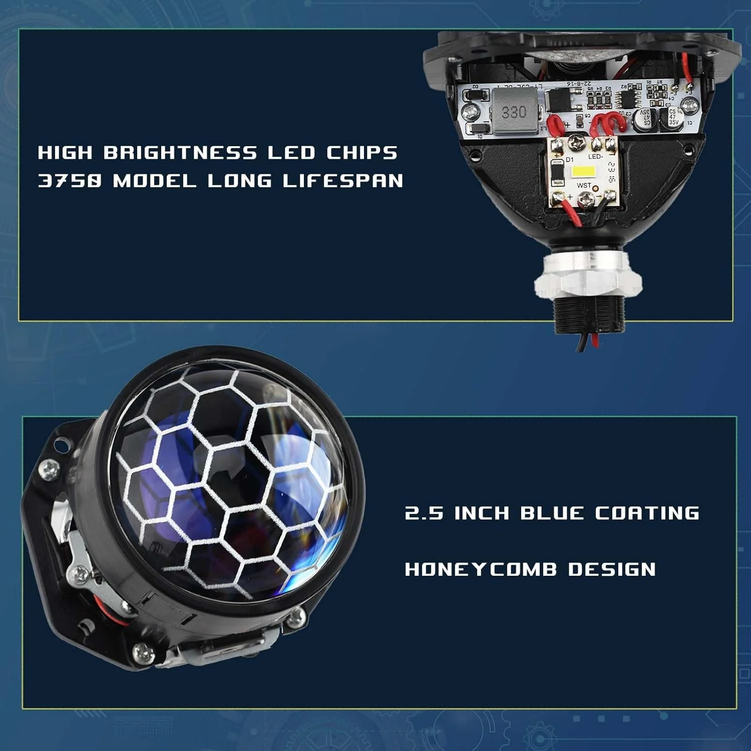 عدسی پروژکتور بای ال ای دی لانه زنبوری 2.5 اینچی YUFANYA با شیشه RGB 3.0 اینچی - 70 وات 20000 لومن 6000 کلوین نور سفید با خط کات آف تیز بدون ایجاد کوری برای خودروهای روبرو، عدسی پروژکتور ارتقا یافته