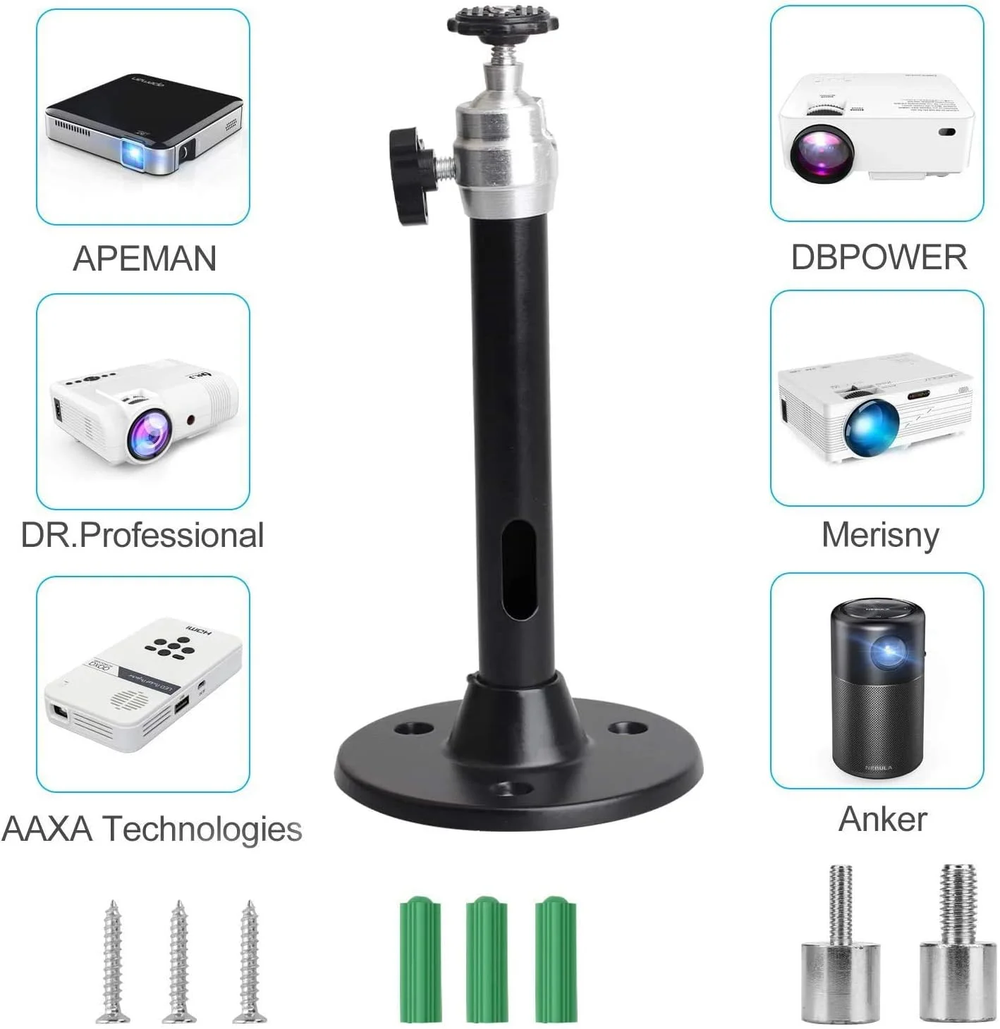 پایه نگهدارنده پروژکتور سقفی و دیواری کوچک YiePhiot سازگار با QKK، DR.J، DBPOWER، Anker، VANKYO، AAXA، Jinhoo، PVO، TMY، AuKing و اکثر پروژکتورهای کوچک دیگر (175 میلی متر، مشکی)