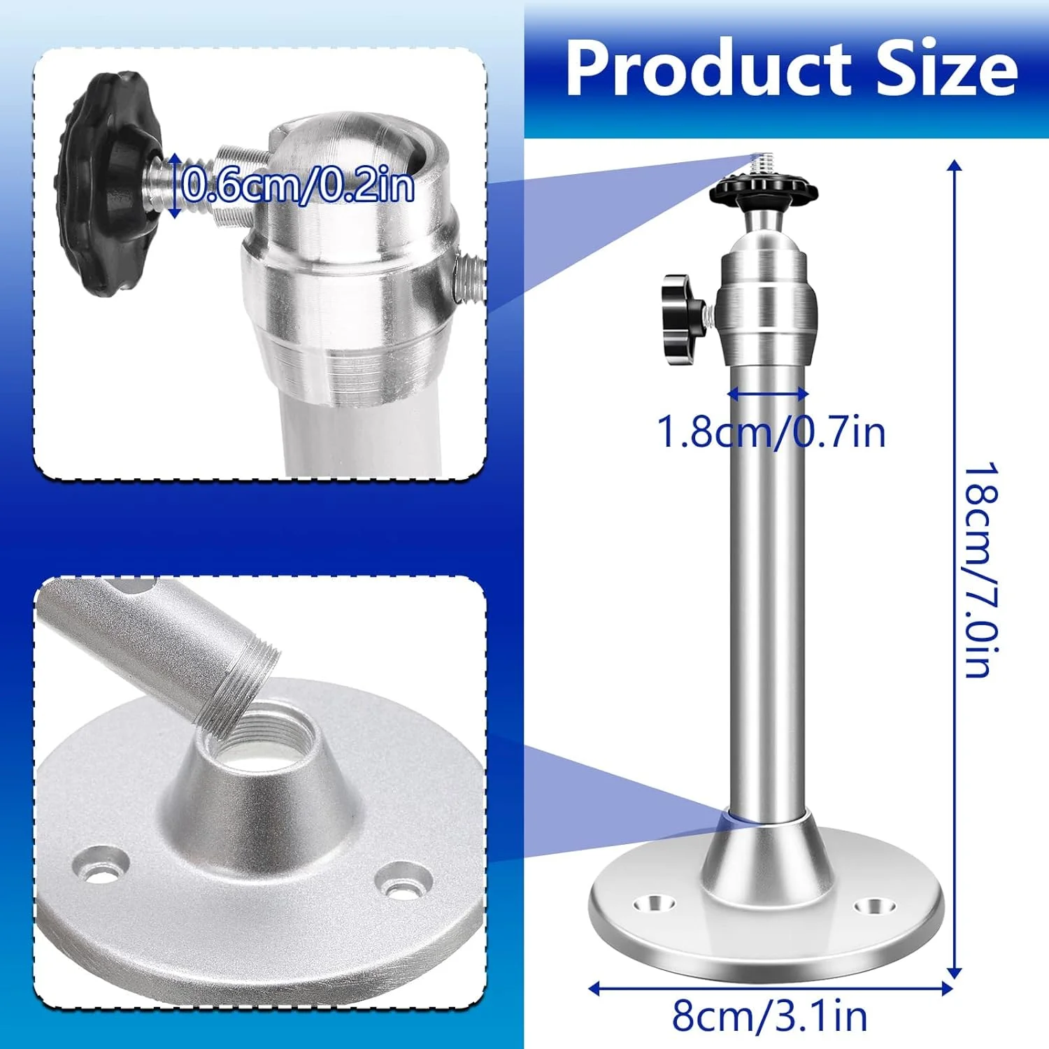 پایه پروژکتور YIMIDM، آلیاژ آلومینیوم 18 سانتی‌متری (7 اینچ) قابل تنظیم، پایه سقفی پروژکتور، نگهدارنده پایه دیواری برای دوربین‌های مداربسته CCTV DVR، ظرفیت بار 5 کیلوگرم، نقره‌ای