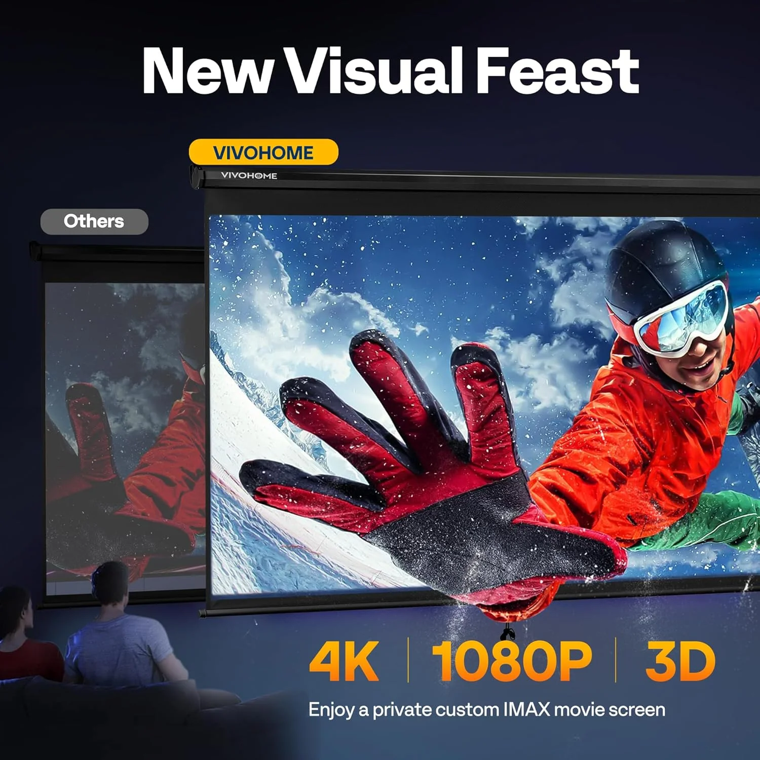 پرده نمایش پروژکتور VIVOHOME، 16:9 80 اینچ، پرده نمایش جمع شونده، پرده نمایش فیلم دستی HD 4K برای سینمای خانگی، دفتر کار (مساحت نمایش 70Wx40H اینچ، مشکی)