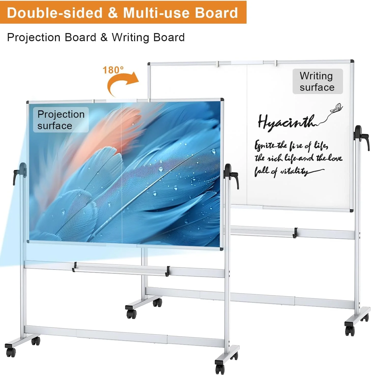 وایت برد پروژکتوری مغناطیسی دو طرفه متحرک VIZ-PRO، 183x122 سانتی متر، تخته وایت برد تاشو بزرگ با قابلیت چرخش و صفحه نمایش پروژکتور با پایه آلومینیومی