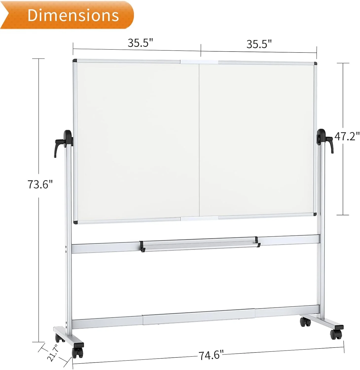 وایت برد پروژکتوری مغناطیسی دو طرفه متحرک VIZ-PRO، 183x122 سانتی متر، تخته وایت برد تاشو بزرگ با قابلیت چرخش و صفحه نمایش پروژکتور با پایه آلومینیومی