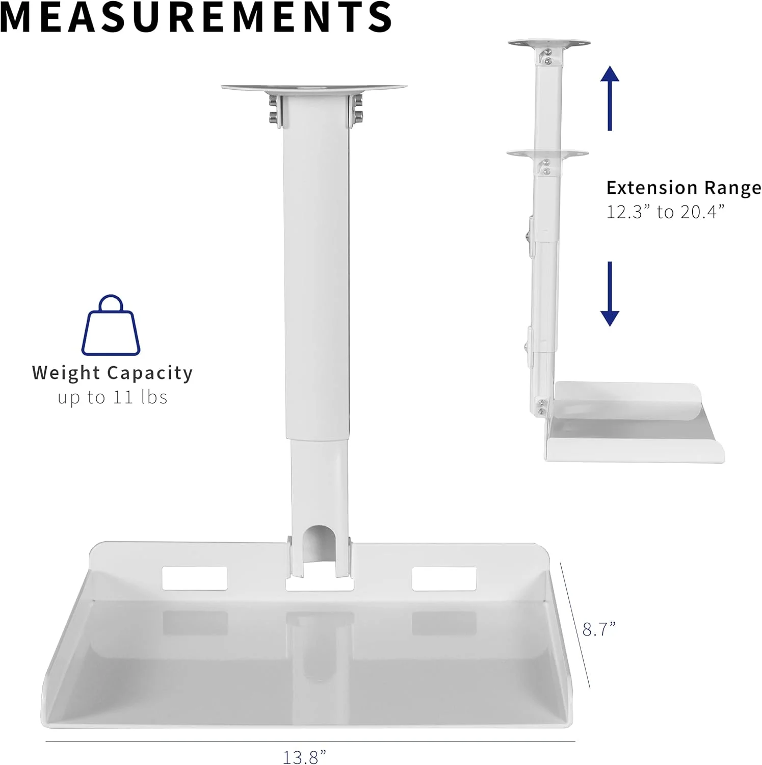 پایه سقفی یونیورسال پروژکتور VIVO با قابلیت افزایش طول، نصب آسان، مسیریابی کابل مخفی، سفید، MOUNT-VP08W