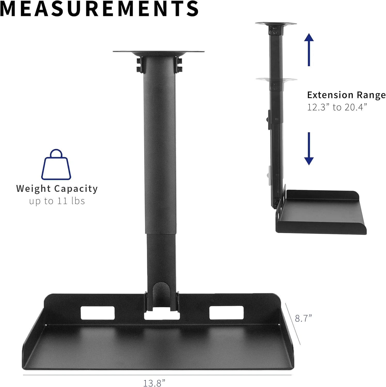 پایه سقفی یونیورسال ویوو برای پروژکتور با قابلیت افزایش طول، تنظیم ارتفاع، نصب بدون نیاز به سوراخکاری، مسیریابی مخفی کابل، مشکی، MOUNT-VP08B