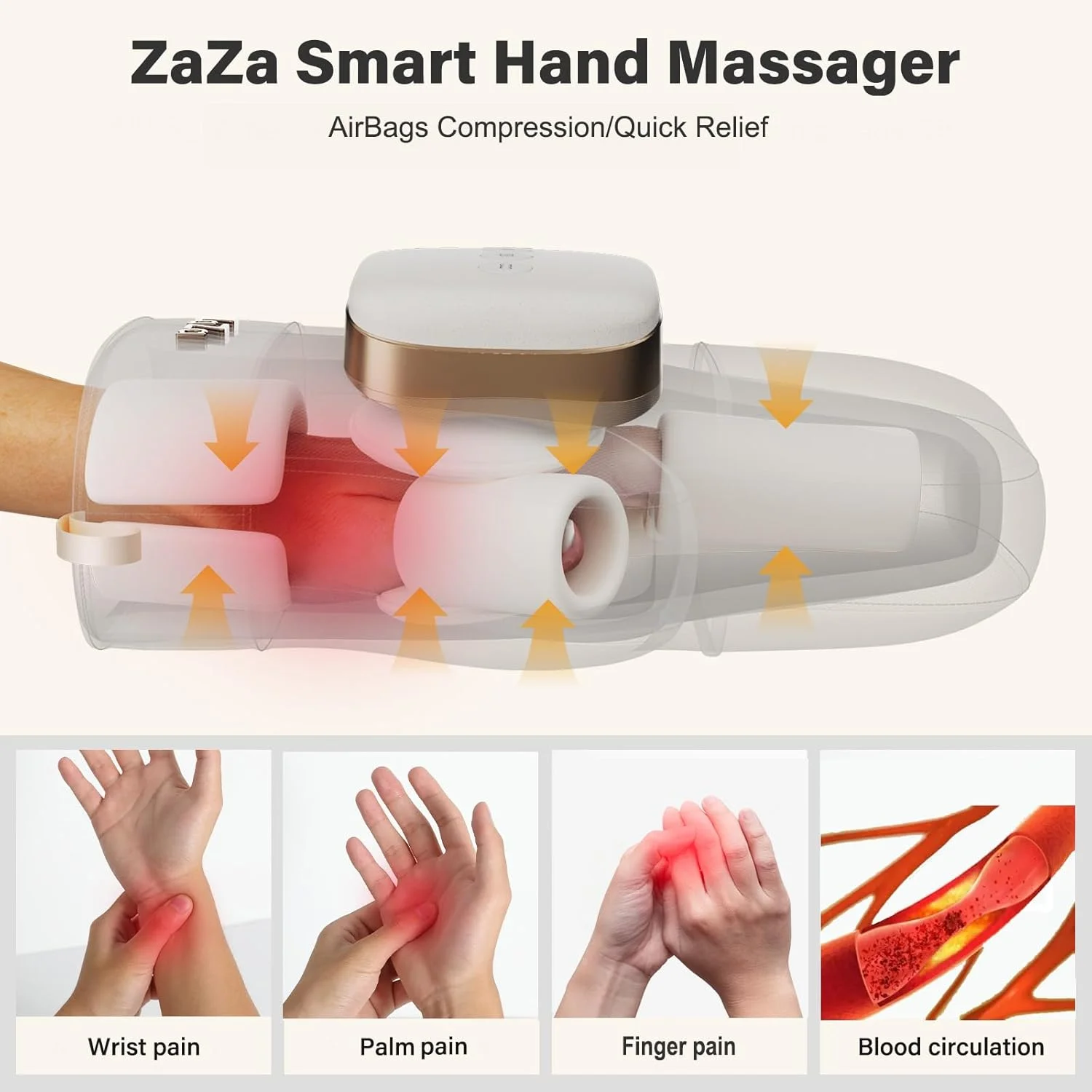 ماساژور دستی برقی بی سیم zaza با گرما و فشار، ماساژ فشاری کیسه هوا برای انگشتان و کف دست، تسکین دهنده درد آرتروز و تونل کارپال، آرامش بخش عضلات، برای تمام سنین بانوان، سفید مایل به کرم