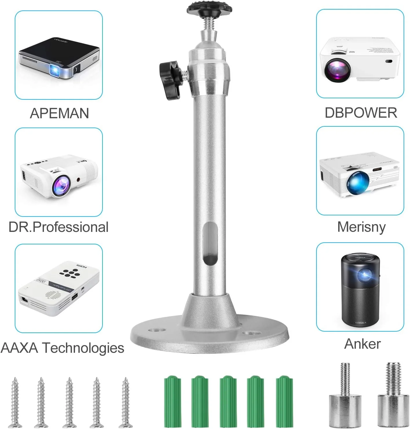 پایه نگهدارنده مینی پروژکتور سقفی و دیواری YiePhiot سازگار با QKK، DR.J، DBPOWER، Anker، VANKYO، AAXA، Jinhoo، PVO، TMY، AuKing و اکثر مینی پروژکتورهای دیگر (175mm، نقره ای)
