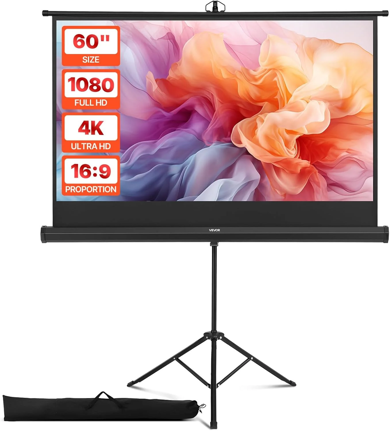 پرده نمایش پروژکتور VEVOR با پایه، 60 اینچ زاویه دید گسترده 160 درجه، پرده نمایش داخلی و خارجی، صفحه نمایش سه پایه قابل حمل بدون چروک 4K HD 16:9 با کیف حمل، برای سینمای خانگی، ارائه اداری