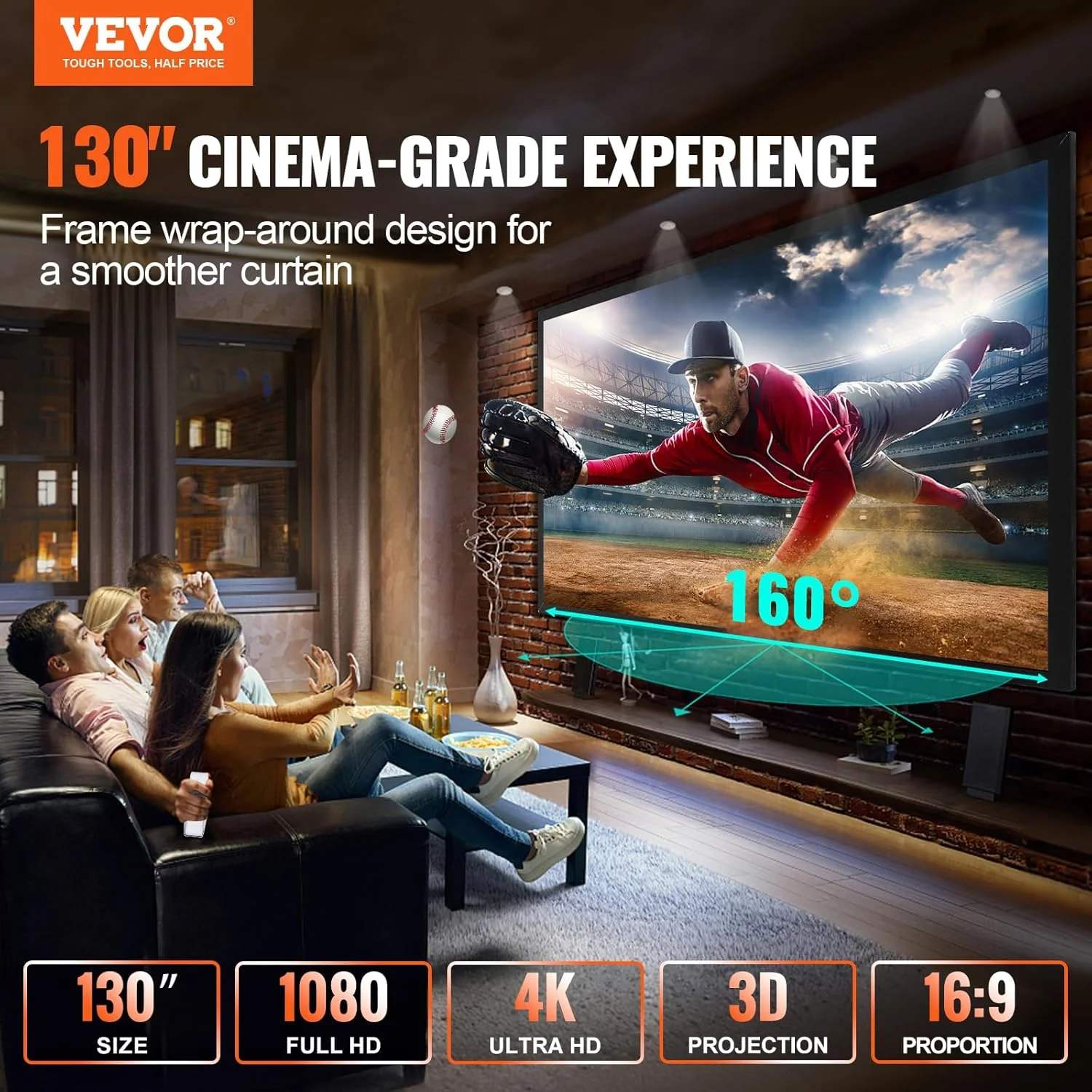 پرده نمایش پروژکتور VEVOR 16:9 4K HDTV، پرده نمایش فیلم با قاب ثابت سه بعدی برای سینمای خانگی 4K HDTV و استفاده در فضای باز (130 اینچ)