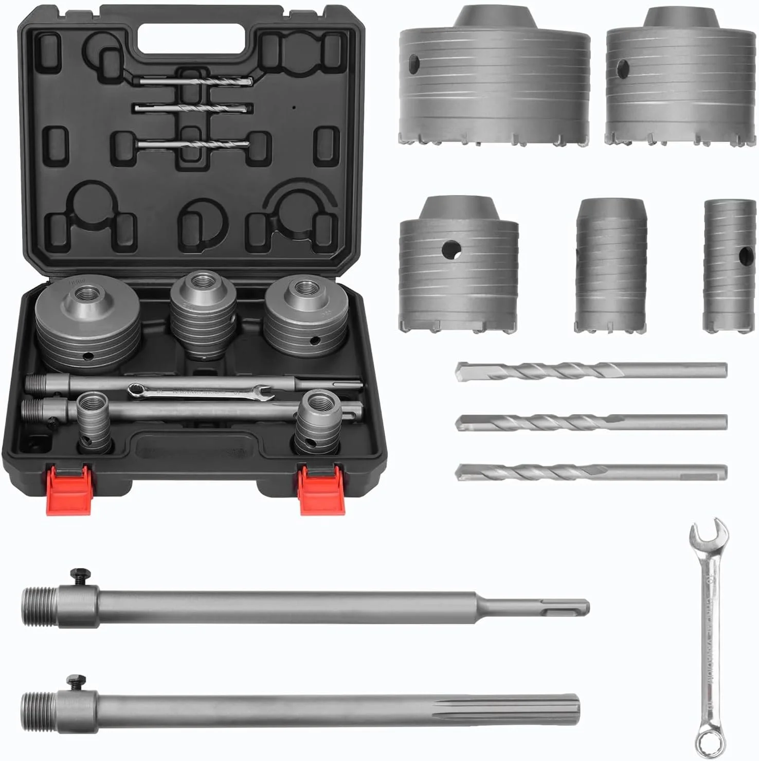 کیت مته گردبر بتن آزونی با فولاد تنگستن SDS Plus Max Shank، شامل 3 مته، کیت مته گردبر بنایی در اندازه های 30، 40، 65، 80، 100 میلی متر، مجموعه ابزار مته گردبر کاربیدی برای دیوار سیمانی آجری بتنی سنگی 11 عددی