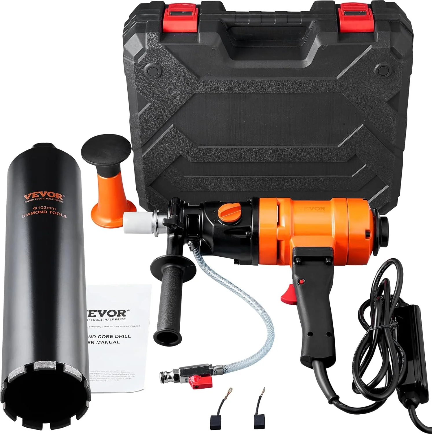 دریل مغزه الماسه VEVOR، حداکثر قطر 102 میلی متر، عمق 400 میلی متر، دریل الماسه 1500 وات، 1100/2400 دور در دقیقه، دستگاه حفاری الماسه، حفاری مرطوب با دریل مغزه و ساخت و ساز بتن مسلح