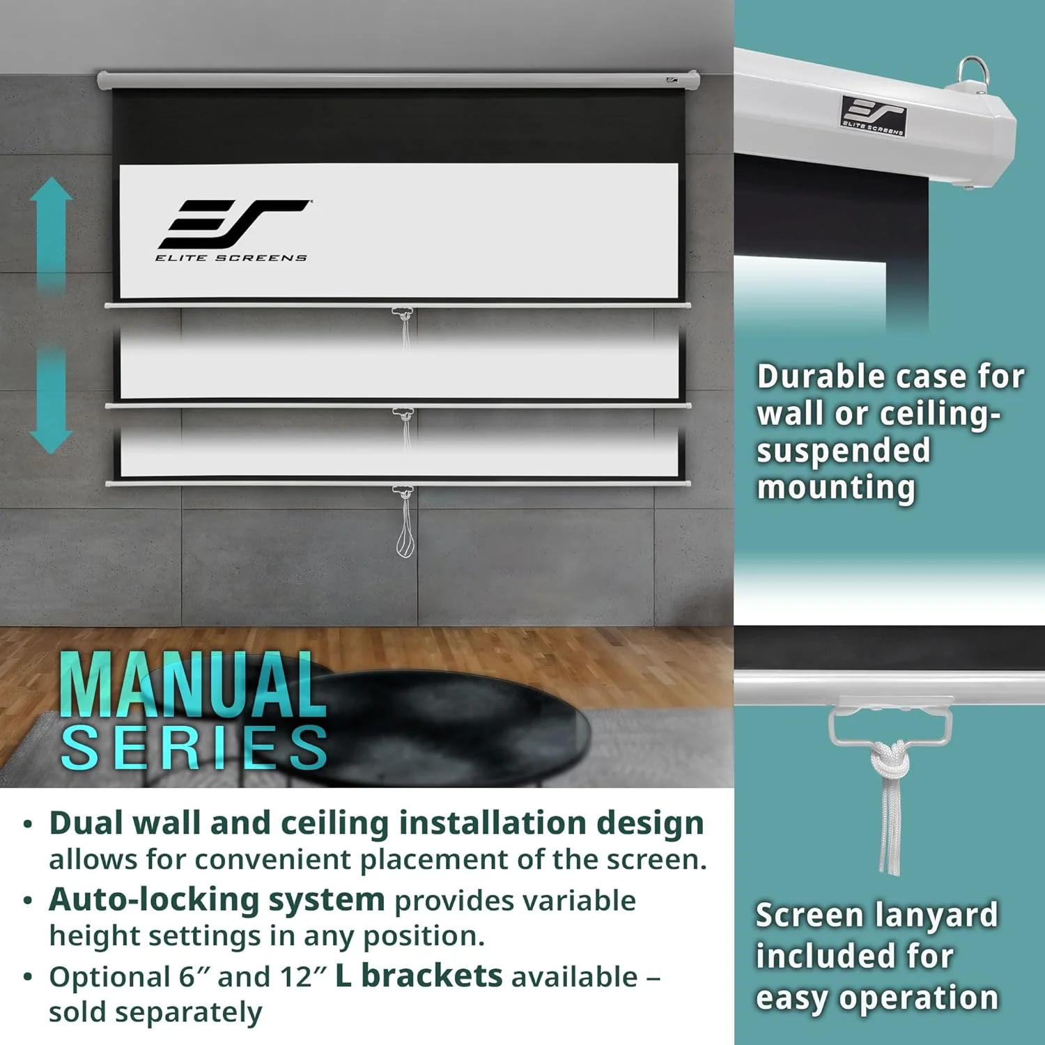 پرده نمایش دستی سری Manual الیت اسکرینز، 120 اینچ، نسبت تصویر 16:9، پرده پروژکتور دستی کشویی با قفل خودکار، مناسب سینمای خانگی و فیلم، آماده برای 8K / 4K Ultra HD 3D، مدل M120UWH2