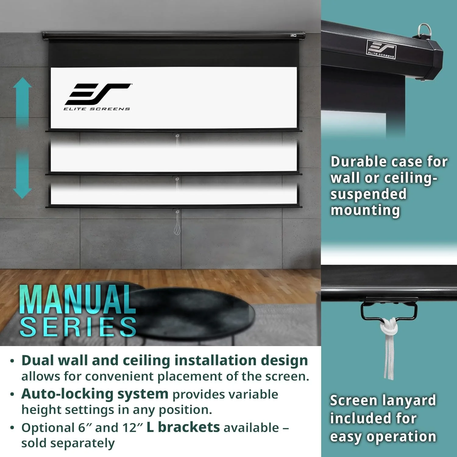 پرده نمایش دستی سری Manual الیت اسکرینز، 120 اینچ، نسبت تصویر 16:9، پرده پروژکتور دستی کشویی با قفل خودکار، مناسب سینمای خانگی و فیلم، آماده برای 8K / 4K Ultra HD 3D، مدل M120UWH2