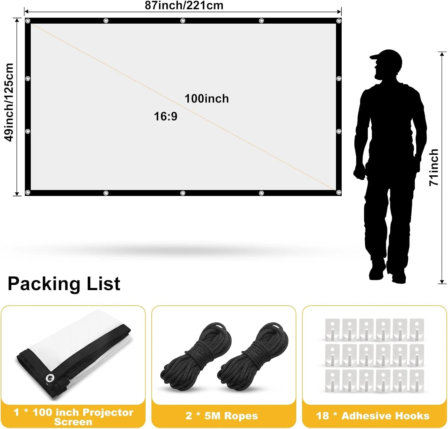 پرده نمایش پروژکتور 100 اینچی HOPFROG، پرده نمایش ویدئویی قابل حمل برای فضای داخلی و خارجی، پرده نمایش فیلم آویزان ساده با قلاب و طناب