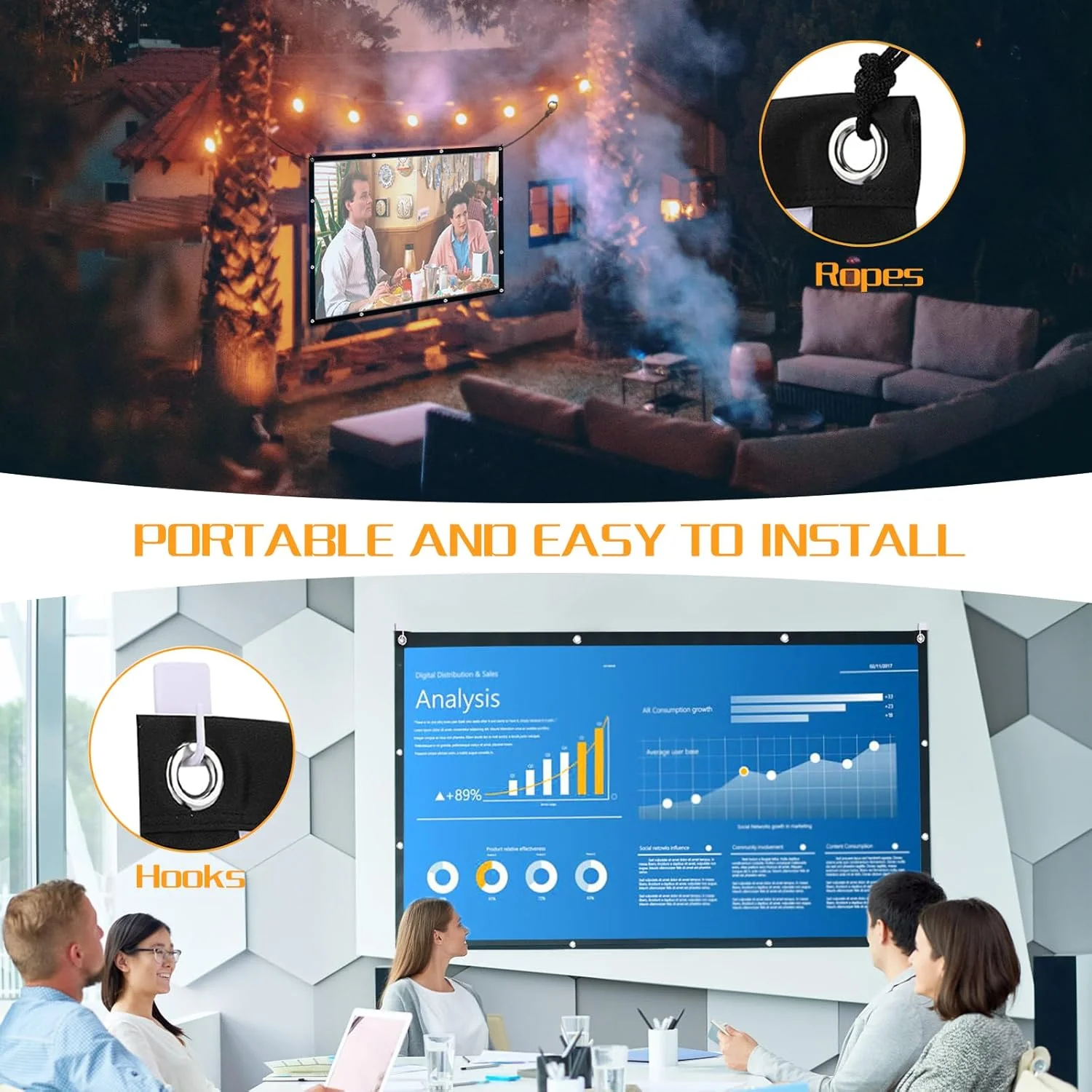 پرده نمایش پروژکتور 100 اینچی HOPFROG، پرده نمایش ویدئویی قابل حمل برای فضای داخلی و خارجی، پرده نمایش فیلم آویزان ساده با قلاب و طناب