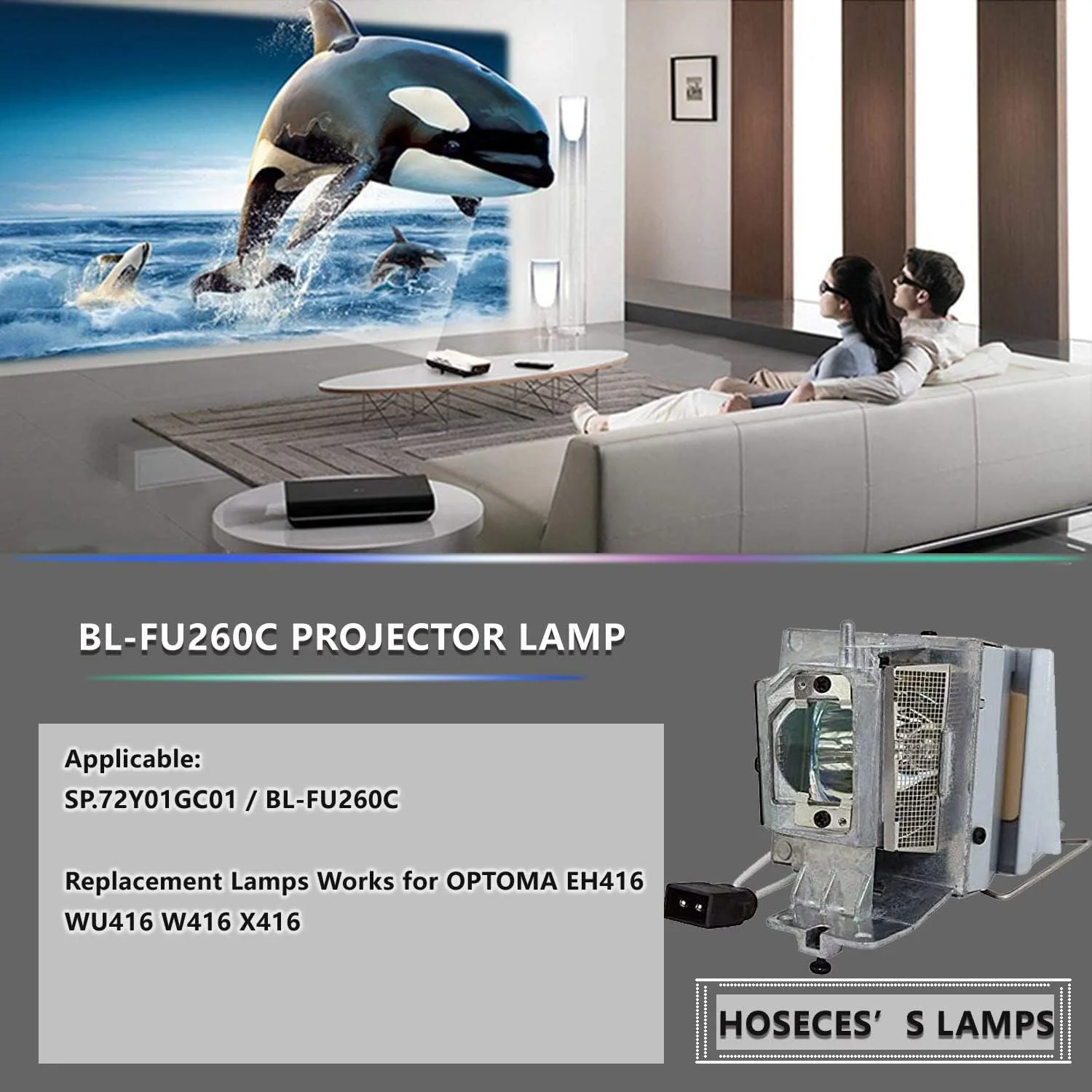 لامپ پروژکتور جایگزین HOSECES SP.72Y01GC01 / BL-FU260C مناسب برای پروژکتورهای Optoma DH400 DU400 EH416 EH416e W416 WU416 X416