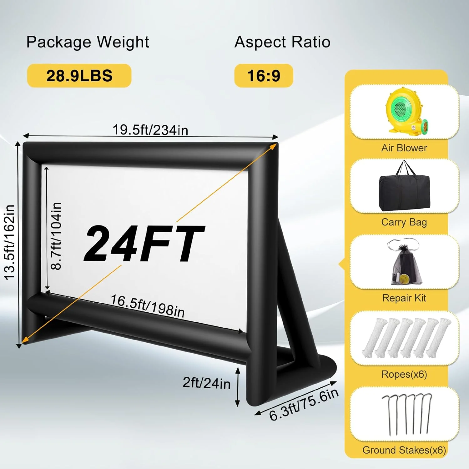 پرده نمایش بادی LVAOSTT، پرده پروژکتور فضای باز به همراه دمنده هوا، طناب، کیت تعمیر و کیف نگهداری، پشتیبانی از نمایش جلو و عقب، پرده های بادی برای حیاط خلوت