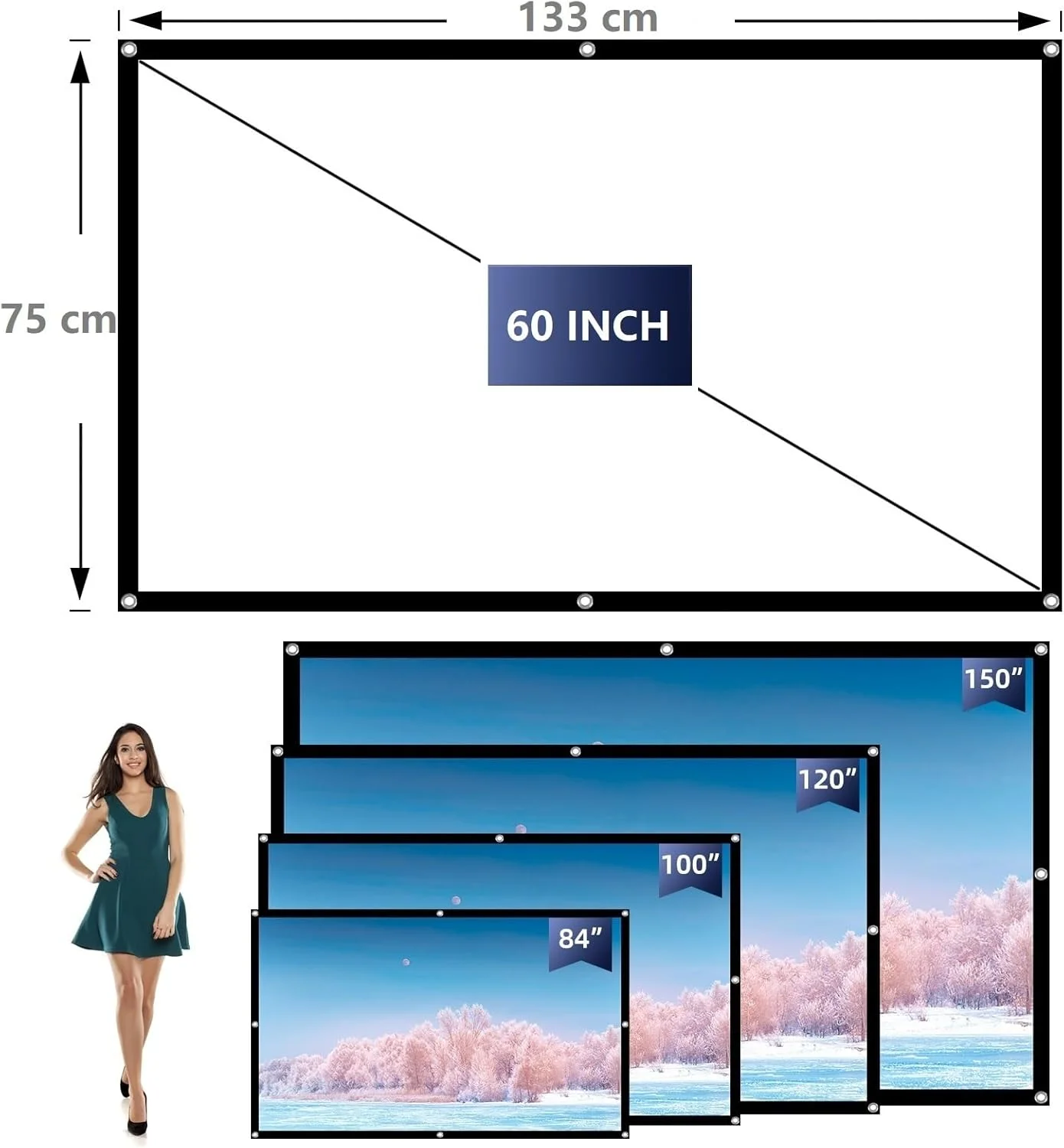 پرده نمایش پروژکتور 60 اینچی VERCORKIN، پرده نمایش فیلم قابل حمل برای داخل و خارج از خانه، نسبت تصویر 16:9، تاشو، ضد چروک، مناسب برای سینمای خانگی، پشتیبانی از نمایش دو طرفه