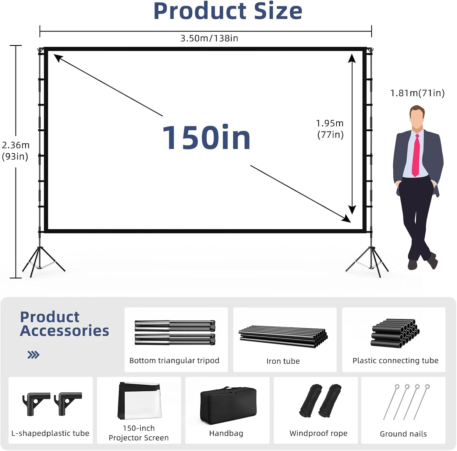 پرده نمایش پروژکتور فضای باز، پرده نمایش پروژکتور Vamvo با پایه قابل حمل 150 اینچی، پرده نمایش تاشو 10 فوتی برای سینمای خانگی و شب فیلم در حیاط خلوت به همراه کیف حمل