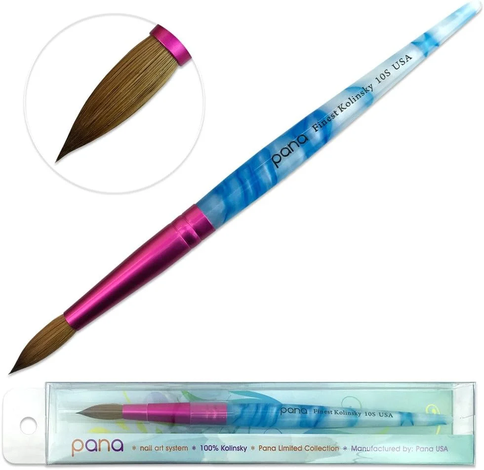 قلم موی کاشت ناخن اکریلیک پانا، موی 100% خالص کولینسکی، مدل گرد (سایز 10)، دسته سفید آبی طرح دار با فرول صورتی قلم موی کاشت ناخن اکریلیک پانا، موی 100% خالص کولینسکی، مدل گرد (سایز 10)، دسته سفید آبی طرح دار با فرول صورتی