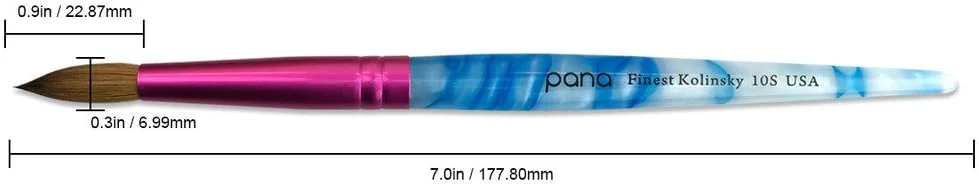 قلم موی کاشت ناخن اکریلیک پانا، موی 100% خالص کولینسکی، مدل گرد (سایز 10)، دسته سفید آبی طرح دار با فرول صورتی قلم موی کاشت ناخن اکریلیک پانا، موی 100% خالص کولینسکی، مدل گرد (سایز 10)، دسته سفید آبی طرح دار با فرول صورتی