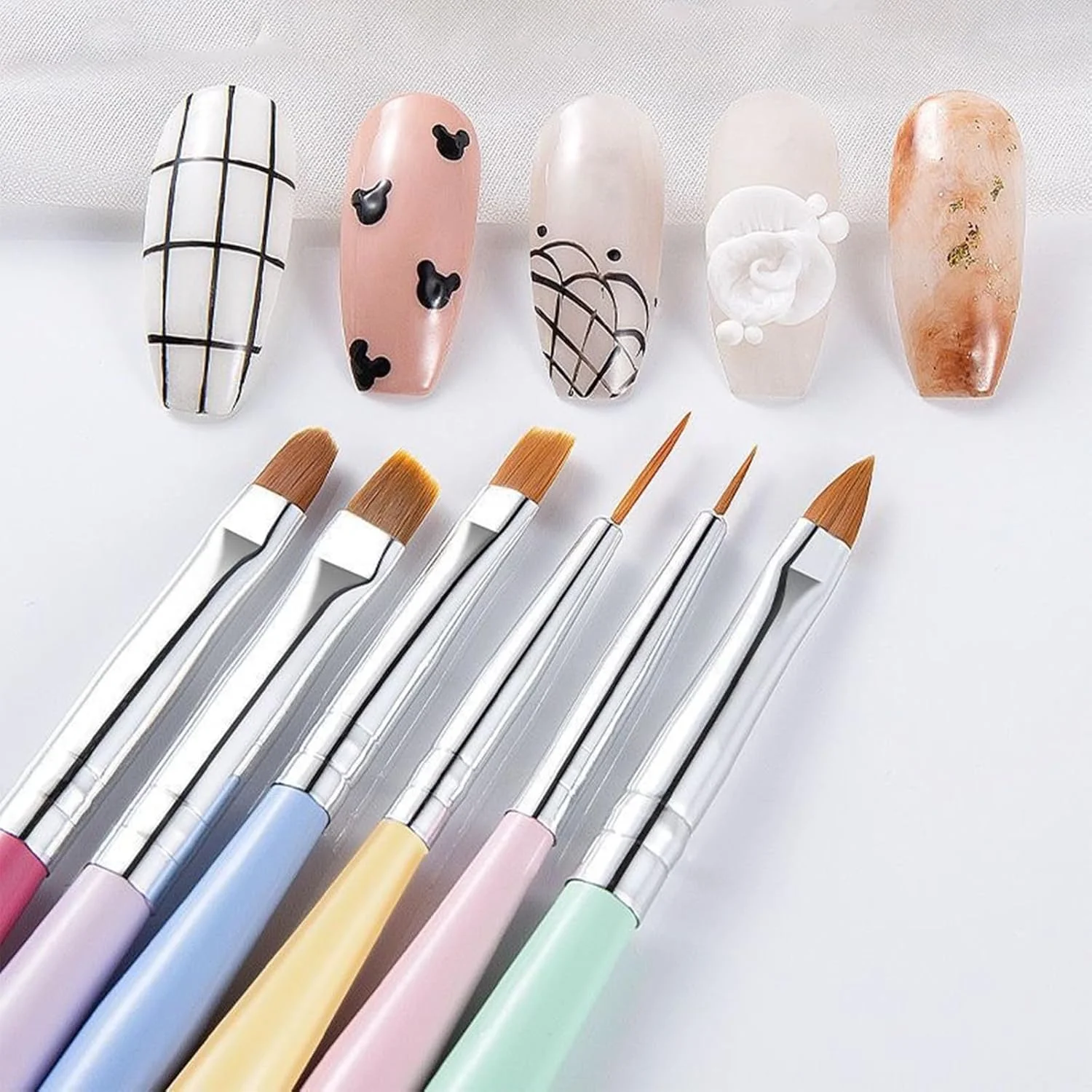 ست 6 عددی قلم موی اکریلیک ناخن برای لوازم طراحی ناخن، قلم موی لاک ناخن با ابزار نقطه گذاری تخت، خط زن، ست قلم موی جزئیات برای طراحی خطوط، نقطه، چسب زدن، اکلیل اکریلیک، لایه پایه و رویه برای زنان و دختران