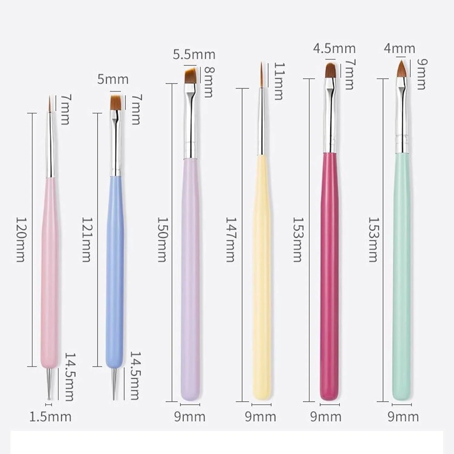 ست 6 عددی قلم موی اکریلیک ناخن برای لوازم طراحی ناخن، قلم موی لاک ناخن با ابزار نقطه گذاری تخت، خط زن، ست قلم موی جزئیات برای طراحی خطوط، نقطه، چسب زدن، اکلیل اکریلیک، لایه پایه و رویه برای زنان و دختران