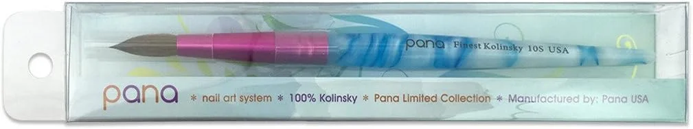 قلم موی کاشت ناخن اکریلیک پانا، موی 100% خالص کولینسکی، مدل گرد (سایز 10)، دسته سفید آبی طرح دار با فرول صورتی قلم موی کاشت ناخن اکریلیک پانا، موی 100% خالص کولینسکی، مدل گرد (سایز 10)، دسته سفید آبی طرح دار با فرول صورتی