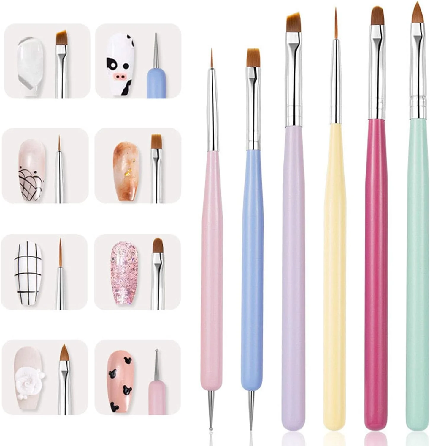 ست 6 عددی قلم موی اکریلیک ناخن برای لوازم طراحی ناخن، قلم موی لاک ناخن با ابزار نقطه گذاری تخت، خط زن، ست قلم موی جزئیات برای طراحی خطوط، نقطه، چسب زدن، اکلیل اکریلیک، لایه پایه و رویه برای زنان و دختران