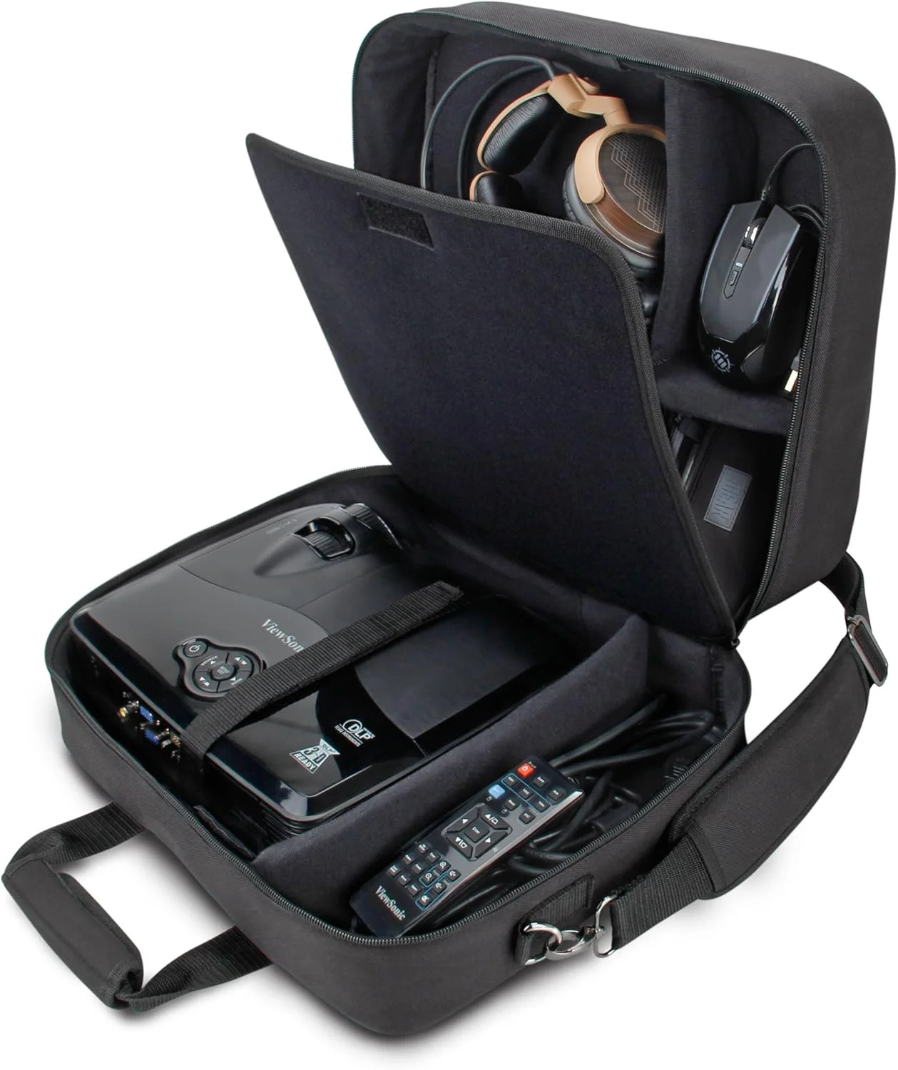 کیف حمل پروژکتور USA Gear - سازگار با DBPOWER، ViewSonic PJD5134، Dr. J HI-04، پروژکتور قابل حمل PVO و موارد دیگر - مقاوم در برابر خراش و دارای فضای داخلی قابل تنظیم (مشکی)
