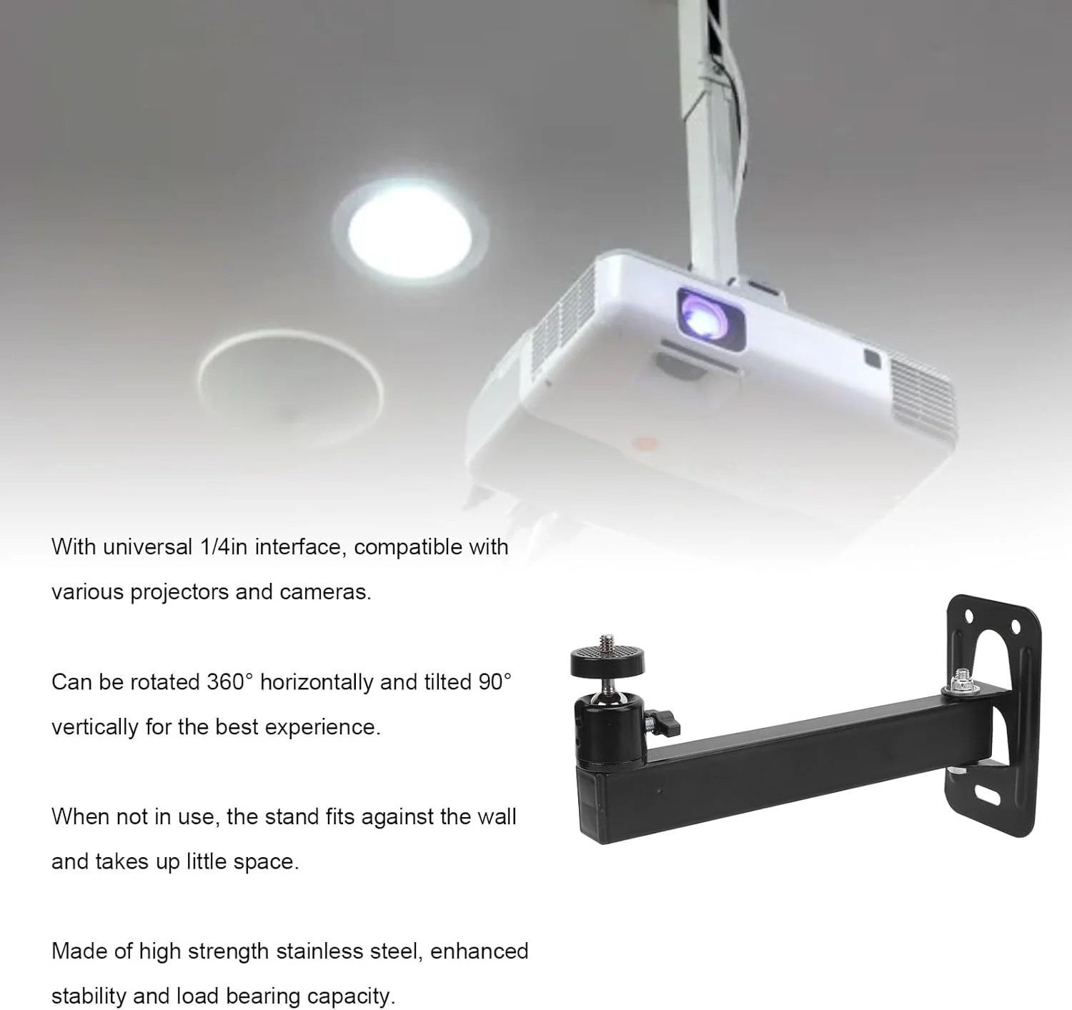 پایه پروژکتور یونیورسال، نگهدارنده پروژکتور آویز با قابلیت تنظیم شیب و چرخش، پایه دیواری پروژکتور استیل ضد زنگ با اتصال 1/4 اینچی پایه پروژکتور یونیورسال، نگهدارنده پروژکتور آویز با قابلیت تنظیم شیب و چرخش، پایه دیواری پروژکتور استیل ضد زنگ با اتصال 1/4 اینچی