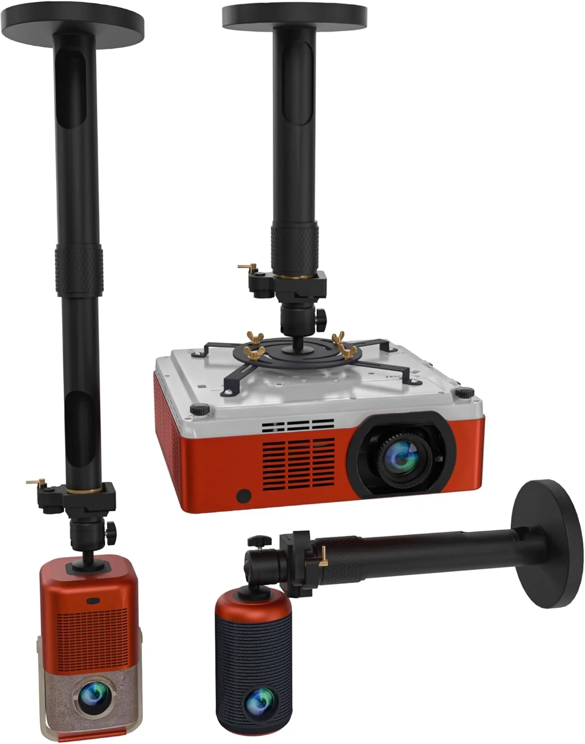 پایه پروژکتور جهانی برای نصب روی دیوار و سقف، با قابلیت تنظیم ارتفاع، دارای صفحه مارپیچی، سر مفصلی چرخشی و صفحه رهاسازی سریع. شامل لنگرهای دیوار خشک، پیچ های انبساطی برای چوب، آجر، بتن