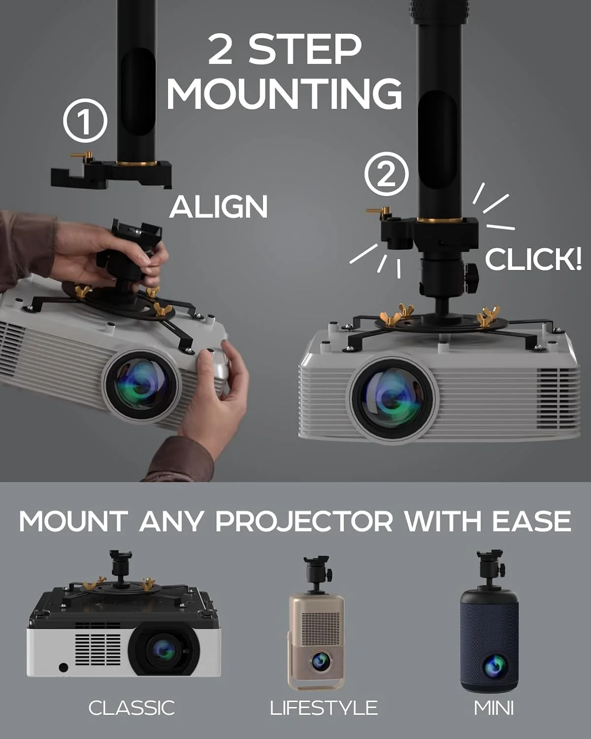 پایه پروژکتور جهانی برای نصب روی دیوار و سقف، با قابلیت تنظیم ارتفاع، دارای صفحه مارپیچی، سر مفصلی چرخشی و صفحه رهاسازی سریع. شامل لنگرهای دیوار خشک، پیچ های انبساطی برای چوب، آجر، بتن