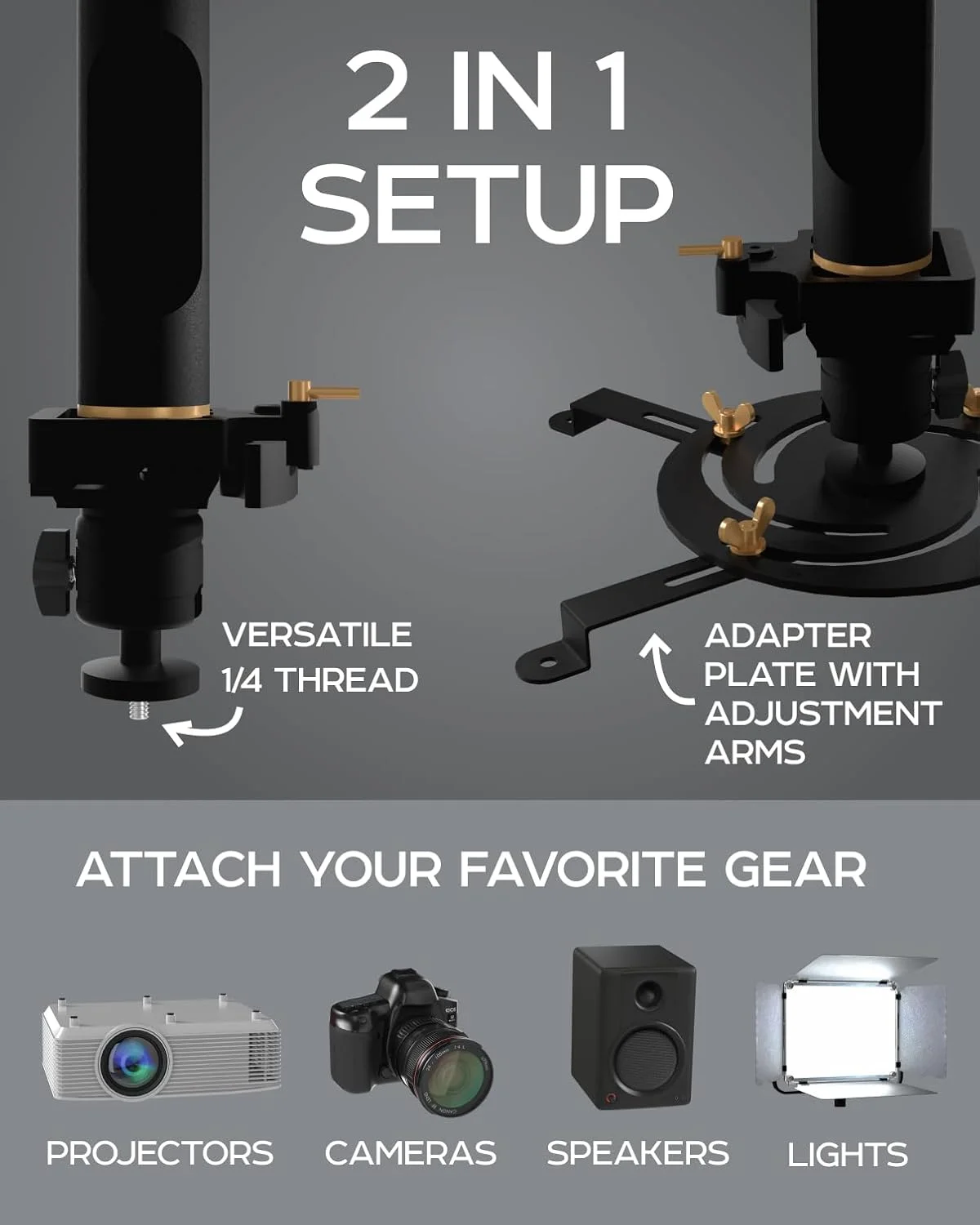 پایه پروژکتور جهانی برای نصب روی دیوار و سقف، با قابلیت تنظیم ارتفاع، دارای صفحه مارپیچی، سر مفصلی چرخشی و صفحه رهاسازی سریع. شامل لنگرهای دیوار خشک، پیچ های انبساطی برای چوب، آجر، بتن