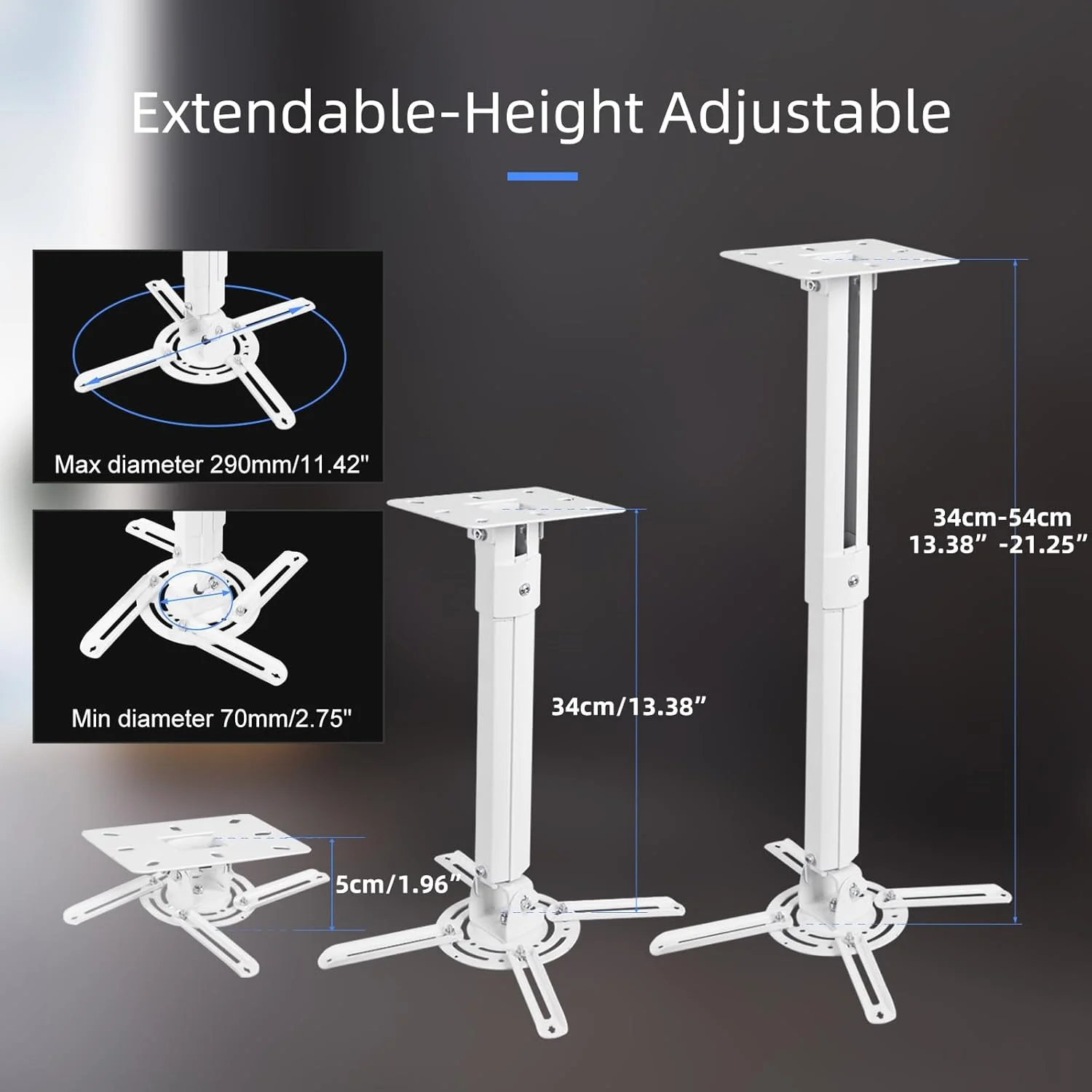 پایه سقفی پروژکتور یونیورسال Suptek، چرخش 360 درجه و شیب قابل تنظیم، ارتفاع قابل تنظیم، سازگار با پروژکتورها تا 13.6 کیلوگرم، سفید