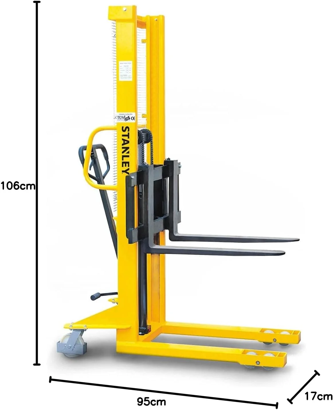 استاکر دستی استنلی CSTACK15، با ظرفیت 1500 کیلوگرم، استاکر پالت هیدرولیک با دسته مربعی شکل، پدال پا، شیر سرریز، غلتک های تاندم و اهرم پمپ سه حالته، رنگ زرد