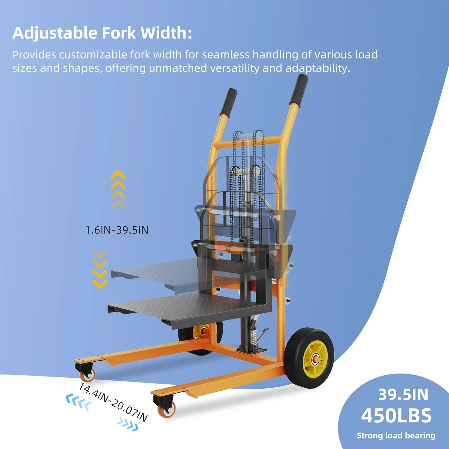 بالابر مواد هیدرولیک، پالت تراک با وینچ دستی، ظرفیت 204 کیلوگرم، حداکثر ارتفاع بالابری 100 سانتی متر، دالی، میز بالابر پالت، طول شاخک 47 سانتی متر، 2 چرخ گردان