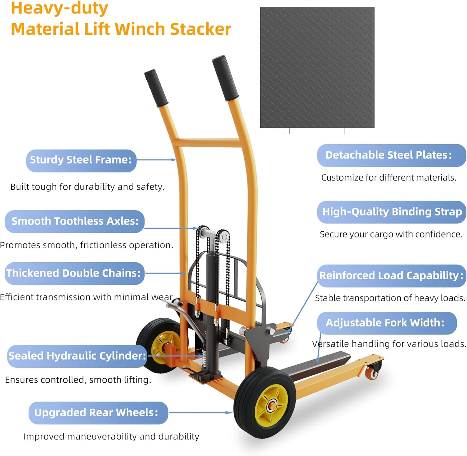 بالابر مواد هیدرولیک، پالت تراک با وینچ دستی، ظرفیت 204 کیلوگرم، حداکثر ارتفاع بالابری 100 سانتی متر، دالی، میز بالابر پالت، طول شاخک 47 سانتی متر، 2 چرخ گردان