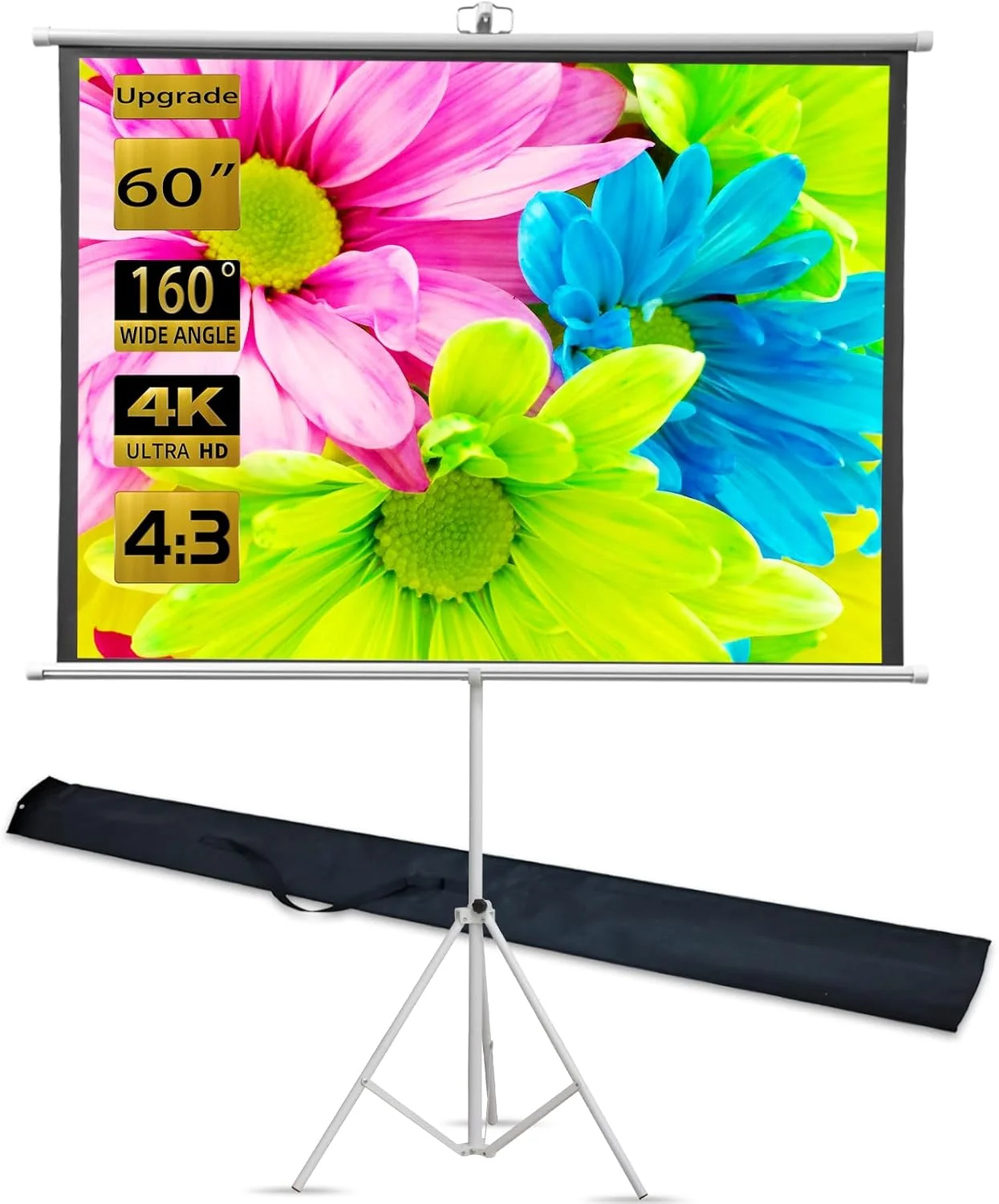 پرده نمایش پروژکتور TRMESIA با سه پایه قابل حمل 60 اینچ مورب نسبت تصویر 4:3 برای شب فیلم کریسمس در فضای داخلی و خارجی، صفحه نمایش پروژکتور ارتقا یافته با پایه و کیف حمل، صفحه نمایش کشویی برای ویدیو