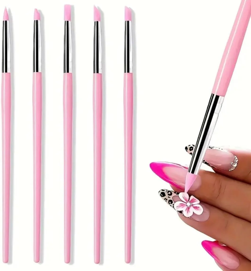 ست قلم موی حرفه ای ناخن Bold&beautiful، سر سیلیکونی صورتی با دسته اکریلیک، 5 عدد ابزار مدل سازی و طراحی برای مانیکور، شکل بیضی ست قلم موی حرفه ای ناخن Bold&beautiful، سر سیلیکونی صورتی با دسته اکریلیک، 5 عدد ابزار مدل سازی و طراحی برای مانیکور، شکل بیضی