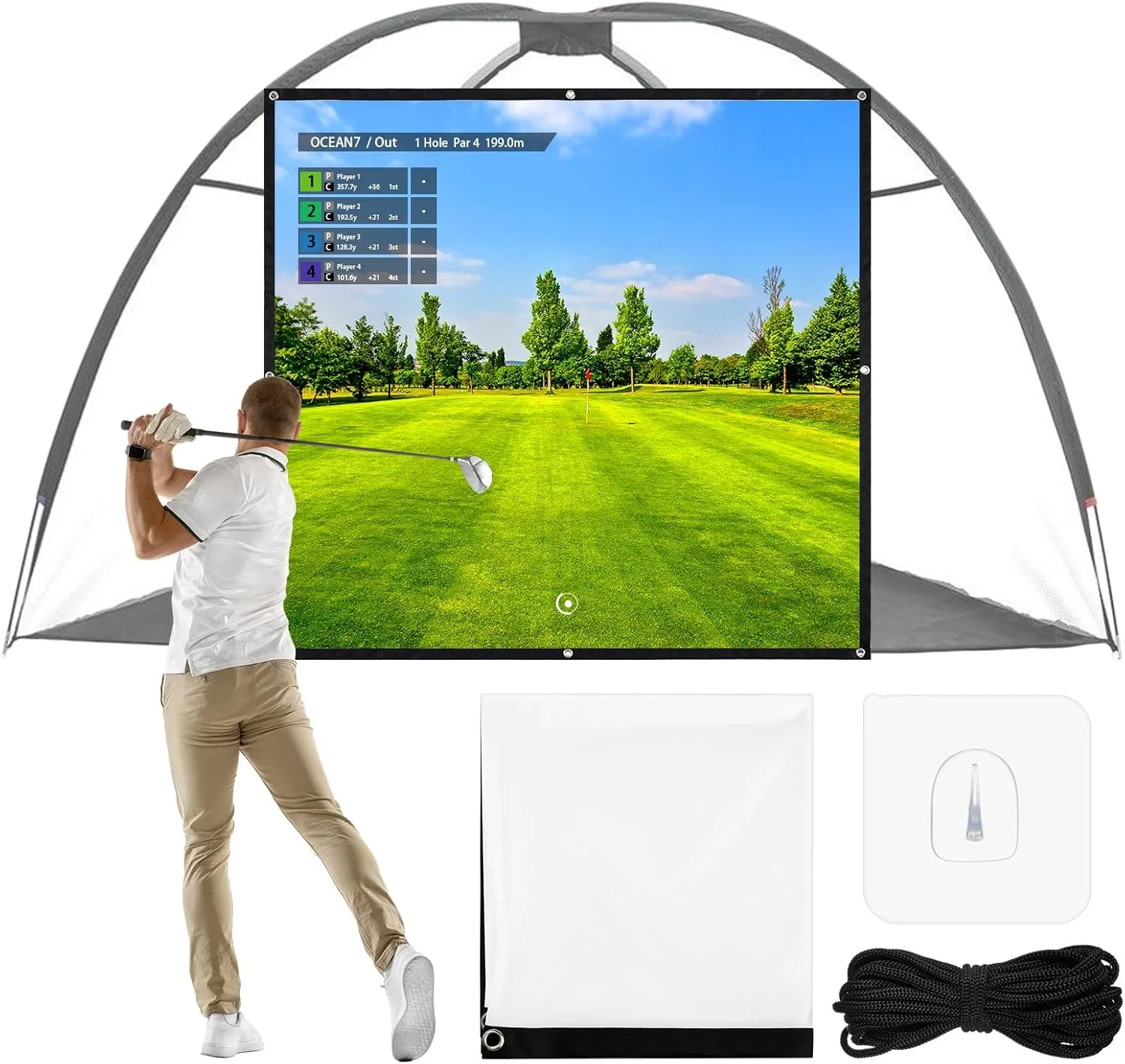 پرده نمایش پروژکتور شبیه ساز گلف Tellegloww با ابعاد 4.4 در 4.1 فوت، مناسب برای تمرین گلف در فضای داخلی و خارجی، پرده نمایش فوق العاده شفاف با سوراخ های پانچ قابل تنظیم پرده نمایش پروژکتور شبیه ساز گلف Tellegloww با ابعاد 4.4 در 4.1 فوت، مناسب برای تمرین گلف در فضای داخلی و خارجی، پرده نمایش فوق العاده شفاف با سوراخ های پانچ قابل تنظیم