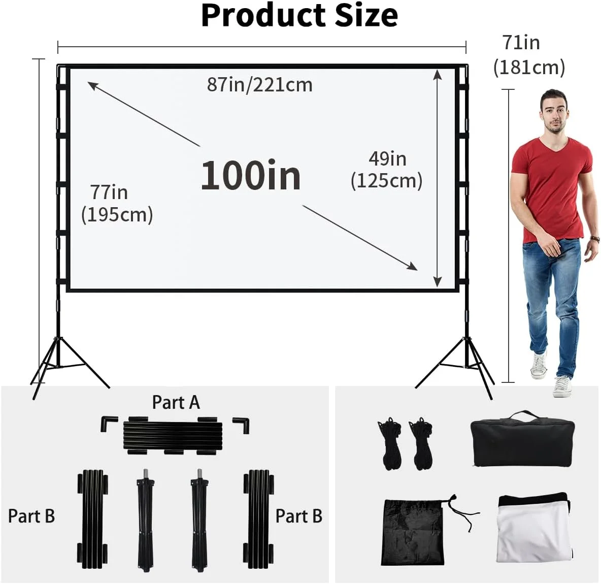 پرده نمایش پروژکتور TOWOND با پایه، پرده نمایش قابل حمل 100 اینچی، پرده نمایش داخلی و خارجی 16:9 4K HD جلو و عقب با کیف حمل، طراحی بدون چروک برای سینمای خانگی و حیاط خلوت