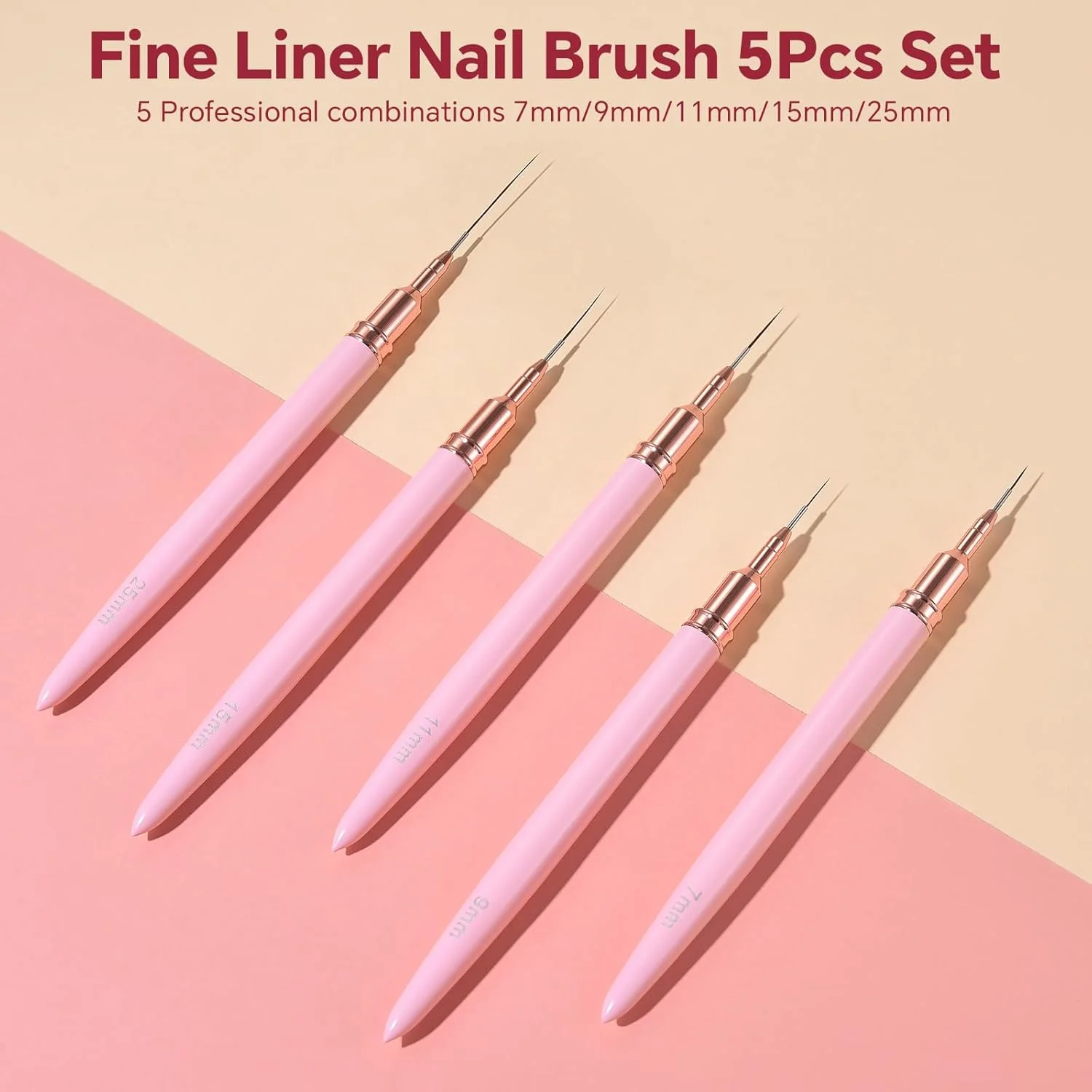 ست قلم موی طراحی ناخن KADS شامل 5 عدد قلم موی لاینر، ست قلم موی طراحی ناخن حرفه ای، قلم موی باریک برای طراحی ناخن (7/9/11/15/25 میلی متر، صورتی)