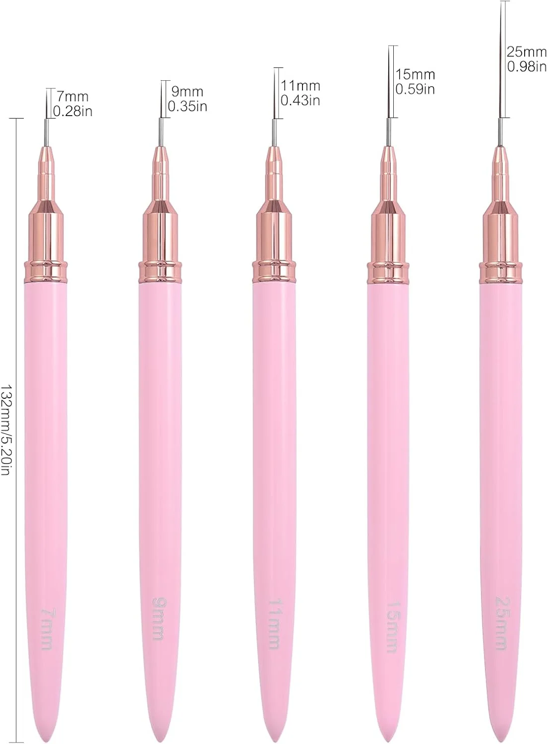 ست قلم موی طراحی ناخن KADS شامل 5 عدد قلم موی لاینر، ست قلم موی طراحی ناخن حرفه ای، قلم موی باریک برای طراحی ناخن (7/9/11/15/25 میلی متر، صورتی)