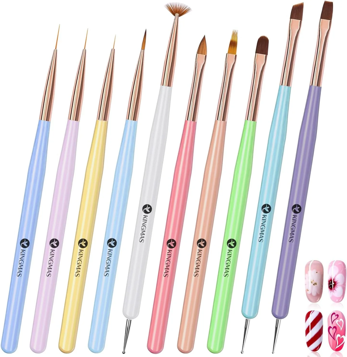 ست قلم موی طراحی ناخن 10 تکه KINGMAS: سر نایلونی چند رنگ، دسته چوبی، ایده آل برای لاک ژل، مانیکور DIY و استفاده در سالن