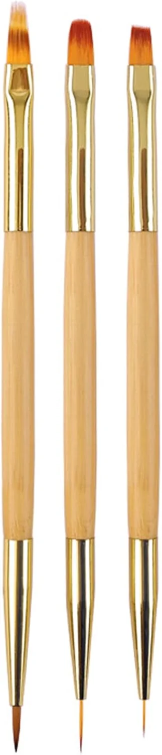 ست 3 عددی قلم طراحی ناخن ژلی حرفه ای LacyMC، سر نایلونی، دسته اکریلیک، طلایی، زرد، دو سر