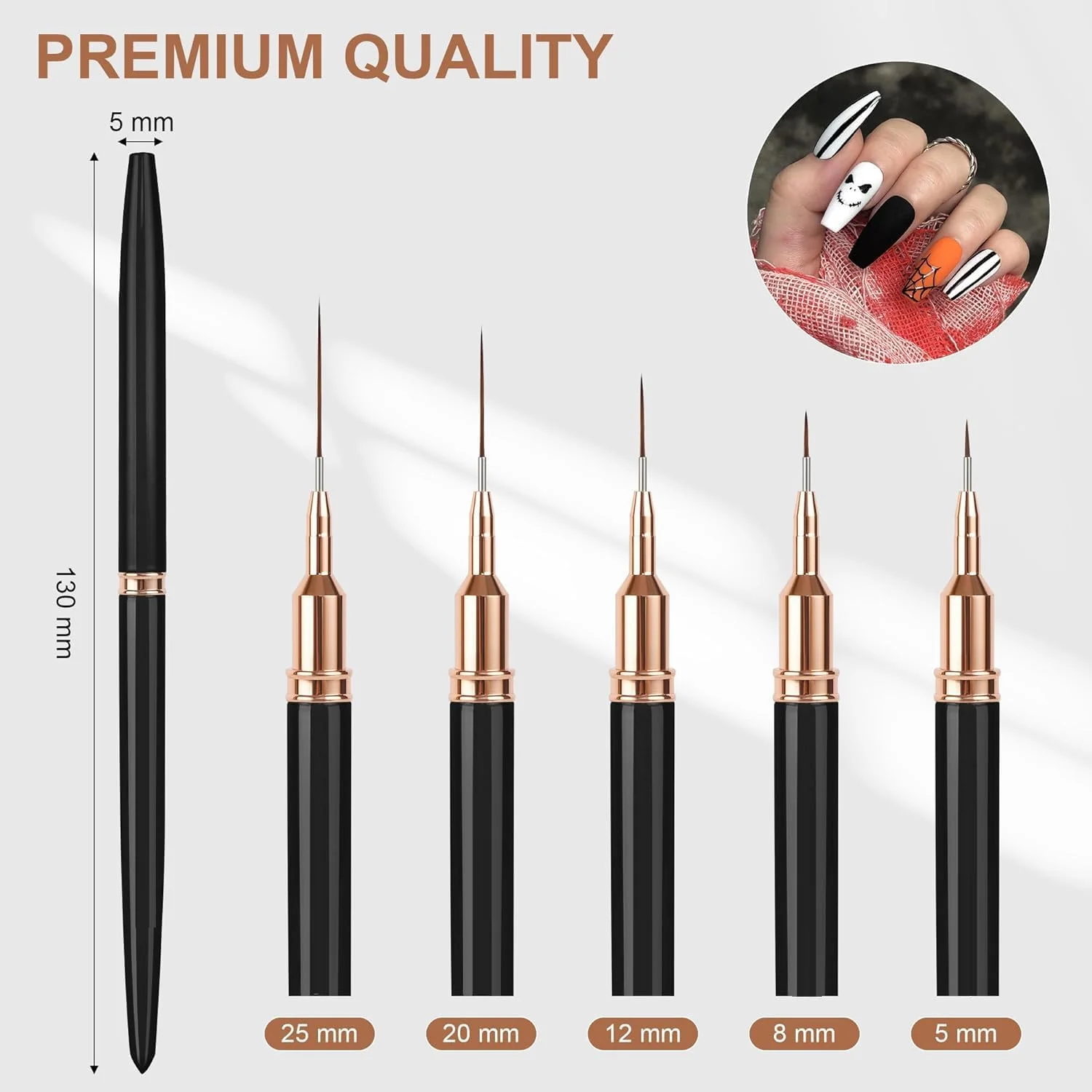 مجموعه قلم های طراحی ناخن LBOYLOVE®، ست برس های خطی، 5 عدد ابزار ناخن مشکی رنگ برای خطوط بلند، جزئیات ظریف، طراحی دقیق، برس خطی ژل UV پولیش طراحی ناخن در اندازه های 5/8/12/20/25 میلی متر