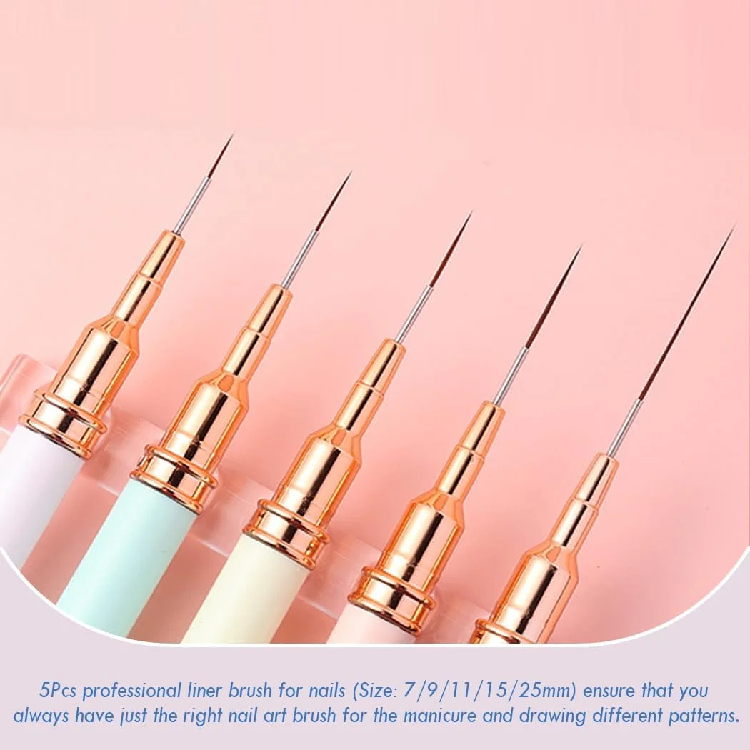 جاسینس برس های طراحی ناخن، ست 5 عددی قلم طراحی هنر طراحی لاک ژل، برس های راه راه برای خطوط نازک و بلند، جزئیات کوچک، طراحی ظریف، رنگ آمیزی ظریف در اندازه های 7/9/11/15/25 میلی متر