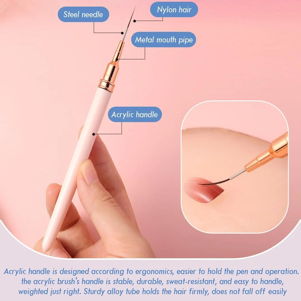 جاسینس برس های طراحی ناخن، ست 5 عددی قلم طراحی هنر طراحی لاک ژل، برس های راه راه برای خطوط نازک و بلند، جزئیات کوچک، طراحی ظریف، رنگ آمیزی ظریف در اندازه های 7/9/11/15/25 میلی متر