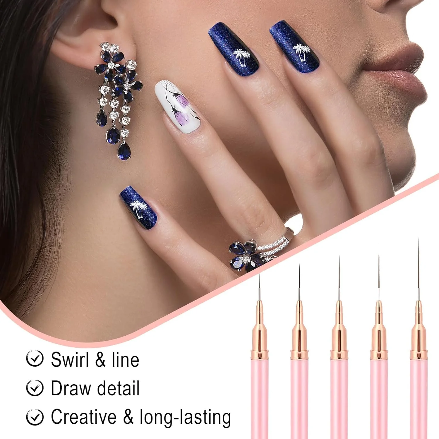 مجموعه 5 عددی قلم موی طراحی ناخن GraGra، ست قلم موی طراحی ناخن، کیت قلم موی جزئیات برای خطوط بلند، جزئیات خطوط نازک، راه راه، طراحی نقاشی با جزئیات ظریف، صورتی